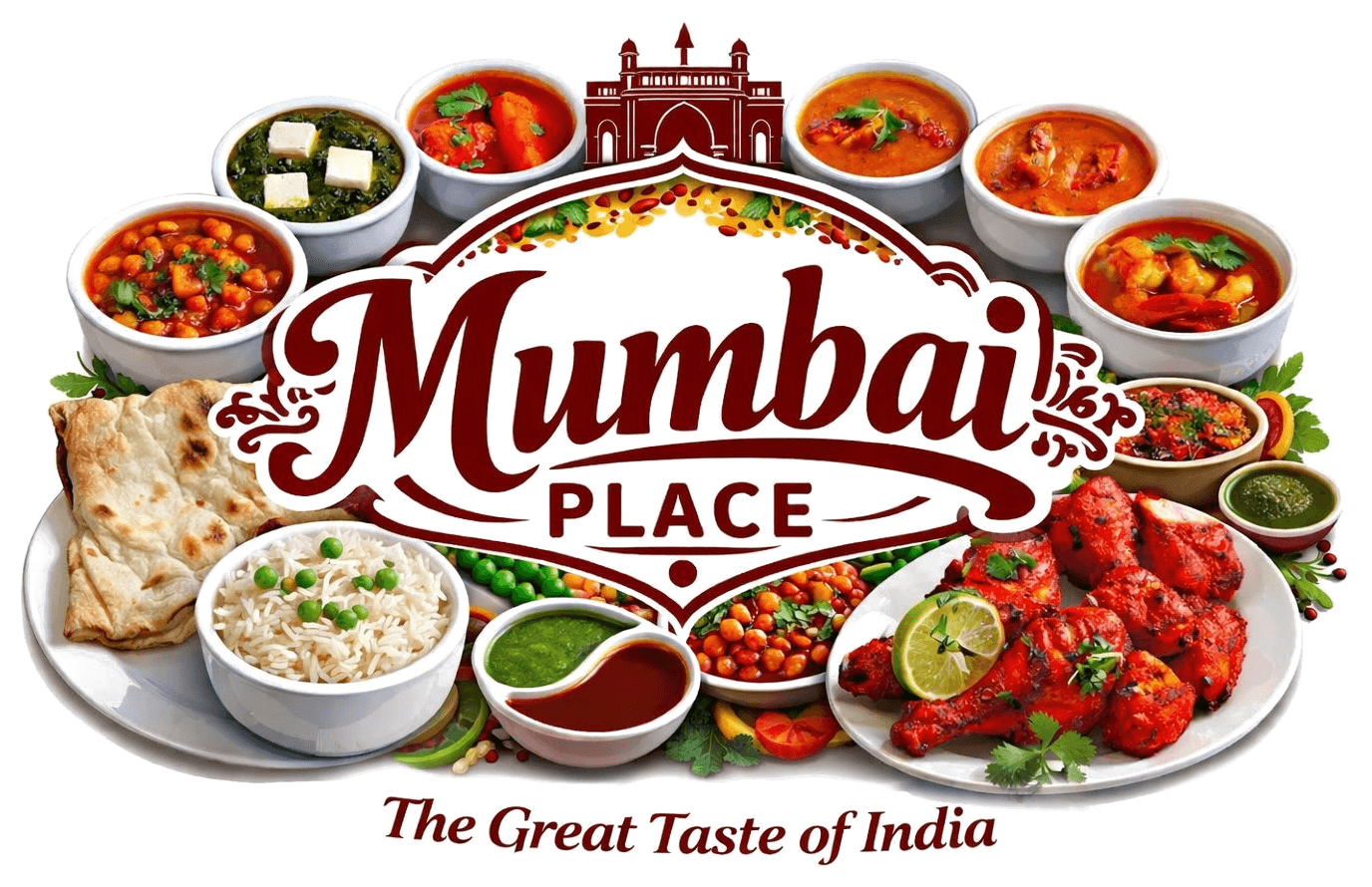 Mumbai Place — bowls of Indian food arranged around the wordmark, with the Gateway of India and the tagline The Great Taste of India